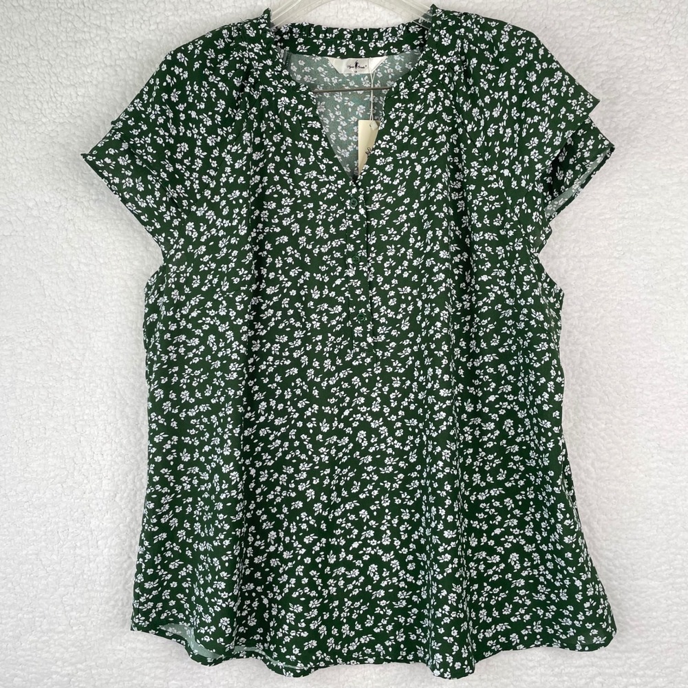 Agnes Orinda Green Floral Ruffle V-Neck Flutter Sleeve Blouse 1X NEW
